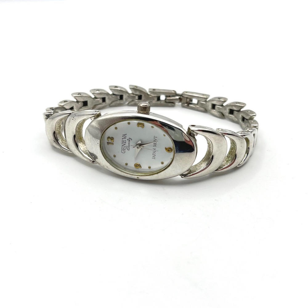 Geneva Quartz Silver Tone Oval Face Crescent Link Bracelet Watch Japan Movt